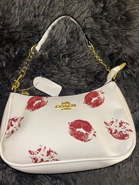 Coach White Leather Shoulder Bag with Red Kiss Motif